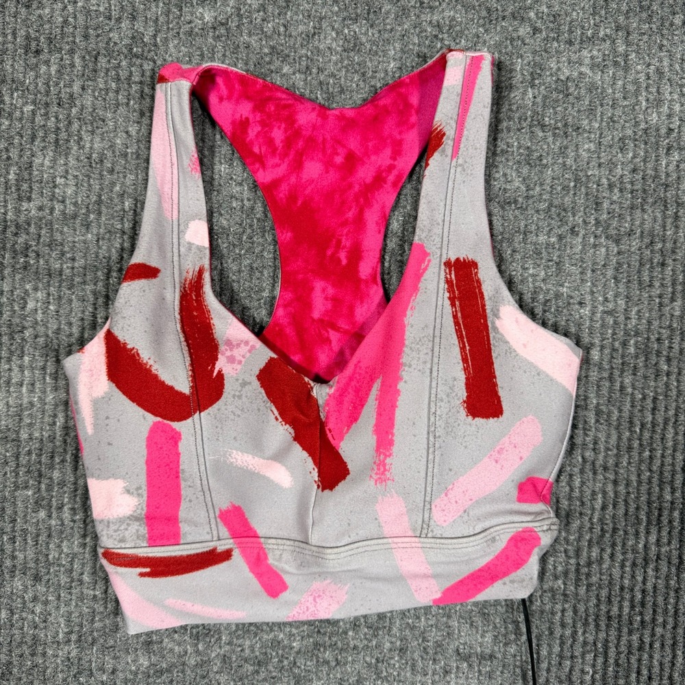 NWT WITH Wear It To Heart XS Grey Pink Abstract Racerback Sports Bra Womens